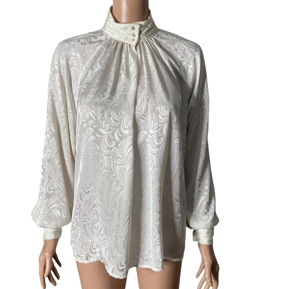 Vintage Alexandria Blouse Womens 6 White Jacquard High Neck Pearl Buttons